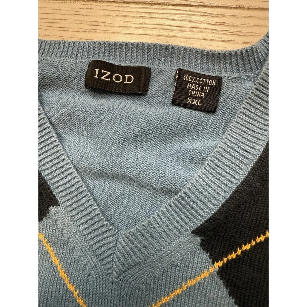 Izod Men's VTG Argyle V Neck 100%Cotton Knit Long Sleeve Blue & Navy Sweater XXL